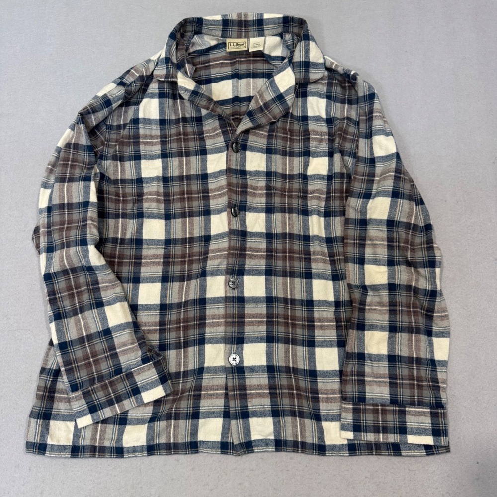 L.L.Bean Pajama Top Women XL Blue Brown Plaid Flannel Button Down Sleep Shirt